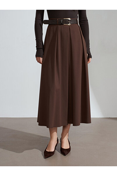 Dilvin 81074 Πλισέ μίντι φούστα με ζώνη-Ανοιχτό καφέ