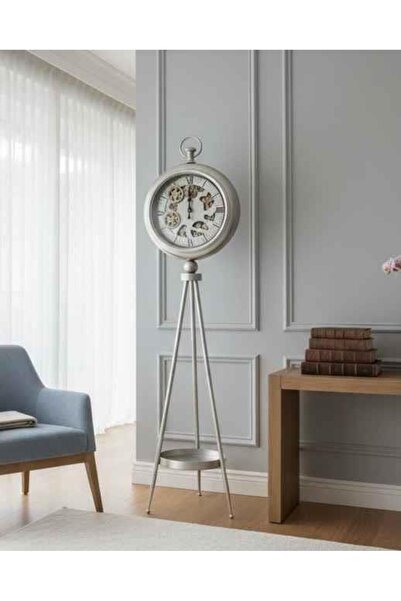 ROSSEV Eskitme Gümüş Çarklı Tripod Ayaklı Dekoratif Saat Lofti