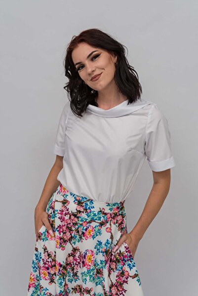Gorgeaux White Short Sleeve Top with Wide Collar - 4XL(48)