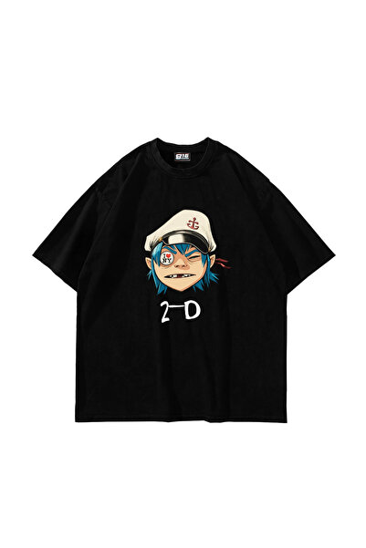 Bak Moda تي شيرت أسود كبير الحجم مطبوع عليه Gorillaz 2-D للجنسين