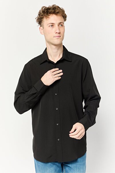 Scotch & Soda قميص رجالي عصري بأكمام طويلة سادة، أسود