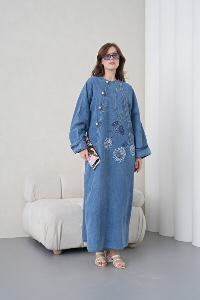 Miss Allos Women's Wide-Fit Long Denim Dress with Bead Embroidery Detail on t...