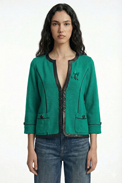 Sementa Suni Deri Biyeli Yün Triko Ceket - Yeşil - Siyah