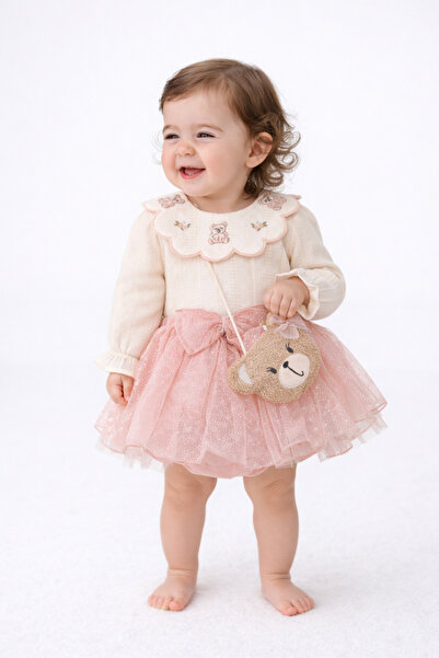 Cumino İnci Kız Bebek 3'lü Takım Pudra Tütü Etekli Gömlek ve Teddy Çanta 6-24 Ay