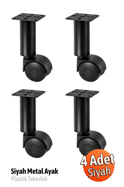 Badem10 (TEKERLEKLİ) 15.5 cm 4 ADET Siyah Metal Plastik Mobilya Baza Orta Akı...