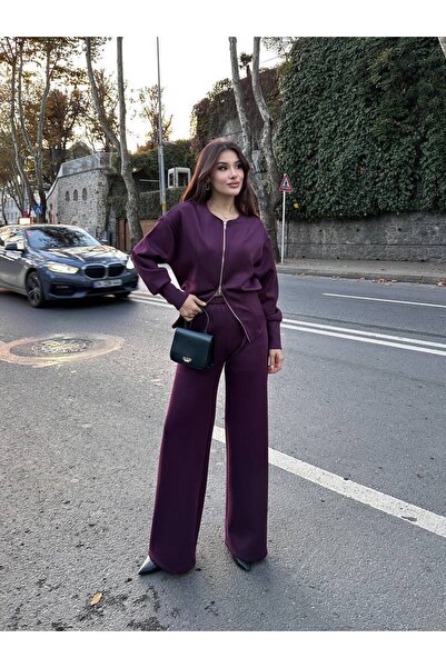 manana fashion Women's Purple Scuba Fabric Wide Leg Pants Zippered Cardigan T...