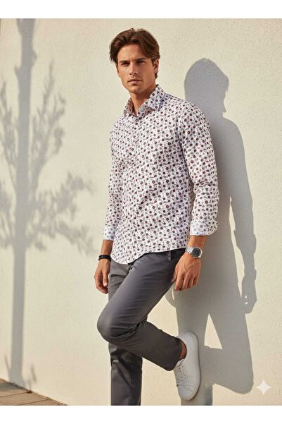 Louis Fabel White Background Burgundy Polka Dot Patterned Long Sleeve Men's S...