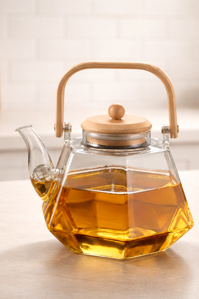 PORLİSMA Prizma Bamboo Heat-Resistant Borosilicate Glass Teapot with Lid - 12...