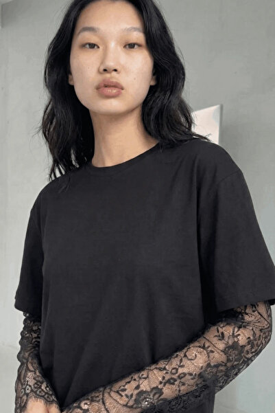 cemo Kadın Dantel Kollu Bisiklet Yaka T-shirt