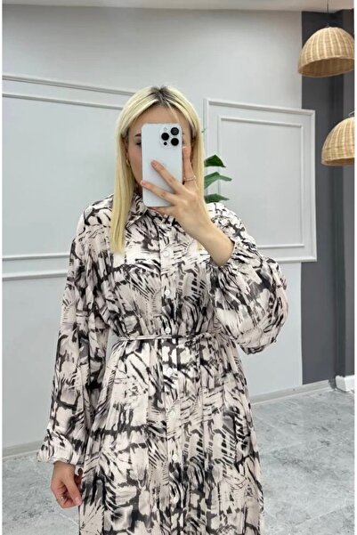 Camelya Fashion Saten Kumaş Desenli Tesettür Uzun Tunik