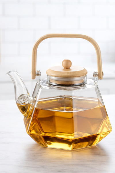 PORLİSMA Prizma Bamboo Heat-Resistant Borosilicate Glass Teapot with Lid - 15...