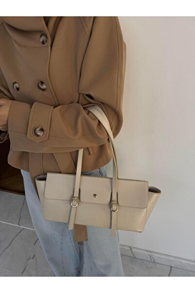Tina İstanbul Ορθογώνια καθημερινή τσάντα ώμου με κρέμα και αγκράφα ζώνης
