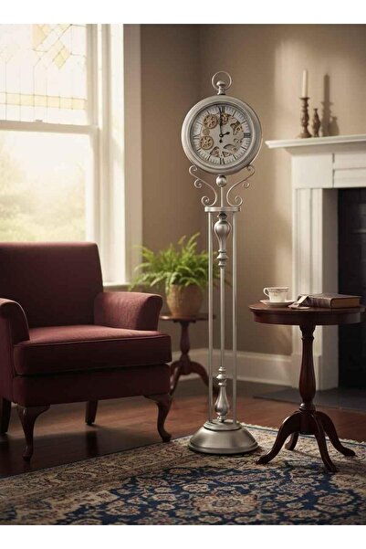 ROSSEV Tempora 190Cm Eskitme Gümüş Çarklı Tripod Ayaklı Dekoratif Saat