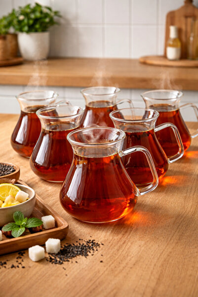 MİMOZA PARK 6'lı Keyfi Ala Borosilikat Cam Kulplu Çay Bardağı , Ateşe Temas E...