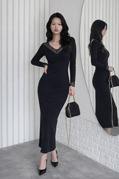 cemo Kadın Dantel Detaylı V Yaka Uzun Kollu Midi Elbise