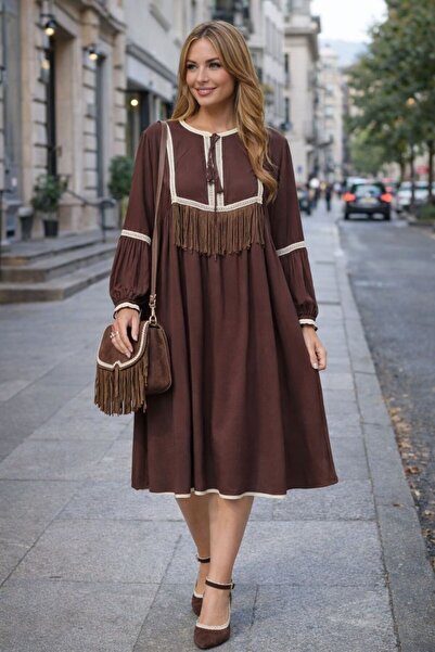 AYASOFYA OTANTIK Women's Brown Lace-Up Round Neck Lace Bieli and Tassel Detai...