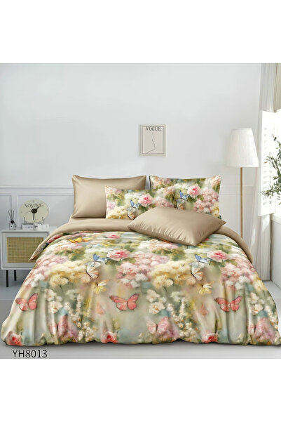 FIONNA.RO Premium Satin Bed Linen 4 Pieces with Stretchy - Beige with Flowers...