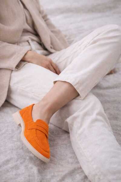 POTEEN حذاء جيجي نسائي كاجوال من الجلد السويدي الناعم C323-برتقالي