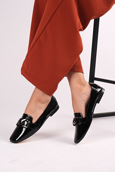 romex Black Metal Buckle, Shiny, Flat Heeled, Ballerina Shoes, Elegant, Styli...