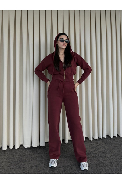 Laluvia Burgundy 100% Cotton Hooded Ribbed Set - 51232