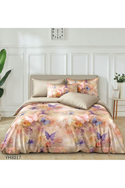 FIONNA.RO Premium Satin Bed Linen 4 Pieces with Stretchy - Dark Beige with Fl...