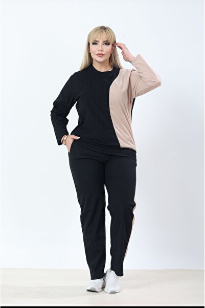 PARKDERİN Plus Size Terry Corduroy Fabric Black - Ecru Color Track Suit