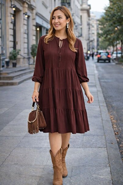 AYASOFYA OTANTIK Women's Brown Lace Detailed Patchwork Collar Plain Pattern L...