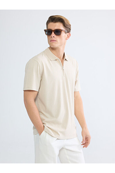 LC Waikiki Ανδρικό μπλουζάκι μπεζ με ριγέ γιακά Polo