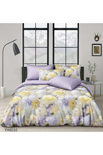 FIONNA.RO Premium Satin Bed Linen 4 Pieces With Stretchy - Lilac With Flowers