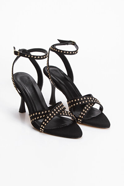 MFT AYAKKABI Women's Black Cross-Strapped Ankle Shoes with Gold Stud Detail
