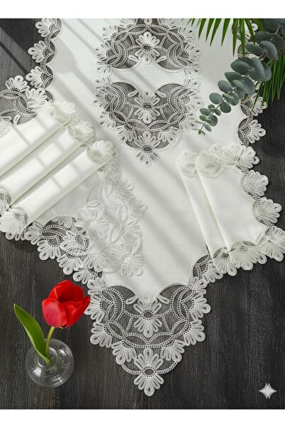 Annalisa Σετ Σαλονιού Αζελία 5 τεμαχίων από λινό γαλλικό δαντελωτό ύφασμα χωρ...