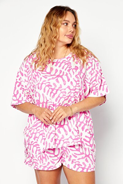 Refinery29 Women 2 Piece Allover Printed Top And Shorts Pajama Set, Pink/White