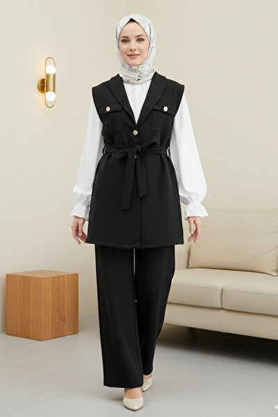 FERHEL Women's Three-Piece Suit Vest Blouse Trousers Combination Set -Black