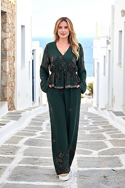 AYASOFYA OTANTIK Women's Khaki Ethnic Patterned Shirt V-Neck Button Closure B...