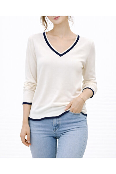 JM Women's White Navy Blue Stripe Detailed V-Neck Knitwear Blouse