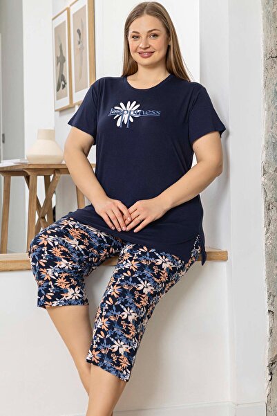 Aydoğan Women's Inci Large Size Navy Blue Capri Pajama Set 0075