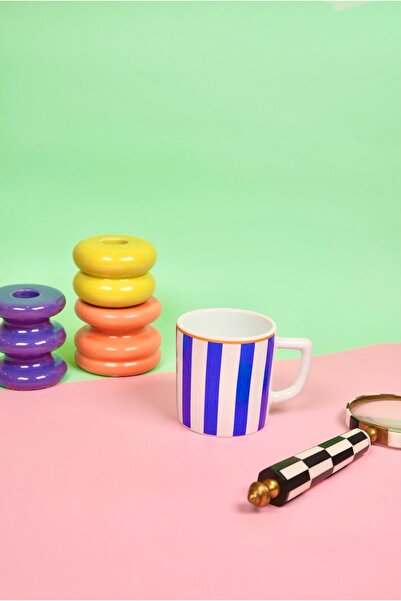 Vivas KULPLU MODEL lacivert çizgili double fincan, duble Türk kahve fincanı ,...