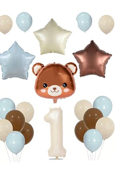 Çemrek Süs Parti Blue Beige Brown Bear Balloon and Number Balloon Set 15 Pieces