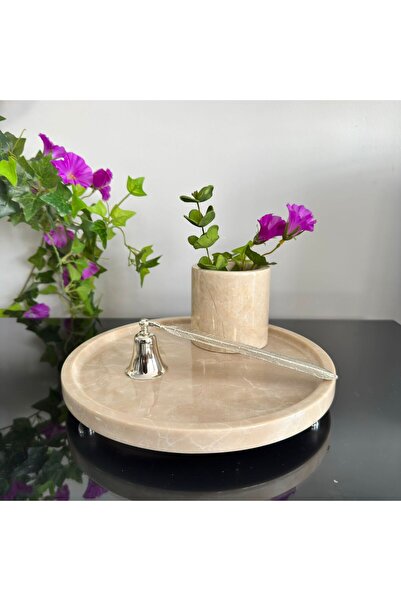 LİSPERA Beige Marble Presentation Plate, Beige Marble Silver Ball Footed Pres...