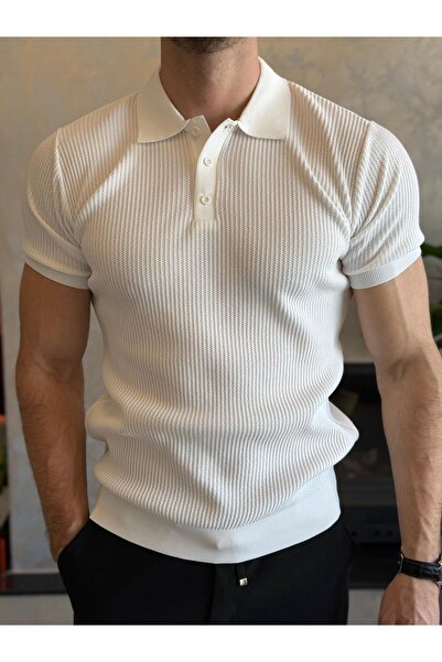 ECARTS Men's Slim Fit Polo Collar Button Detailed Textured Tshirt White Eca058
