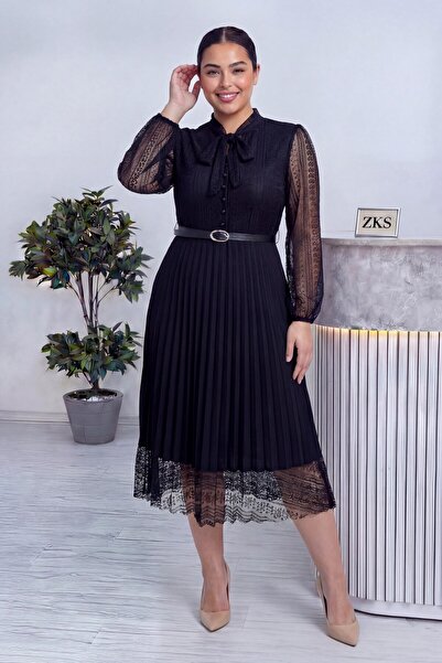 thezkscom Siyah Fransız Güpürlü Piliseli Kemerli Büyük Beden Elbise