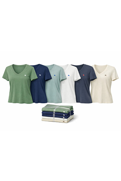 6 Renkli V Yaka Kadın Pamuklu T-Shirt