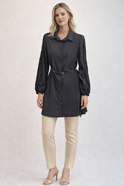 FUAT GÜRSEN Cotton Satin Tunic with Beaded Sleeves and Belted Waist