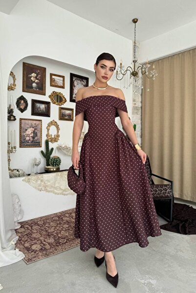Julidress Polka Dot Patterned Strapless Collar Pleated Maxi Long Premium Dress