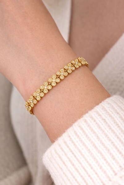 Elifin ışığı Altın Yonca Motifli Taşlı Çelik Bileklik ✨