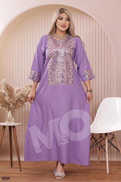 M&O 2 Cotton jalabiya, three-quarter sleeves, high-quality embroidery, embell...