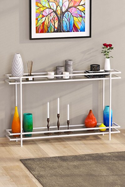 TOLIAHOME Beyaz Renk 2 Katlı Şeffaf Temper Camlı Çerçeveli Konsol Dresuar