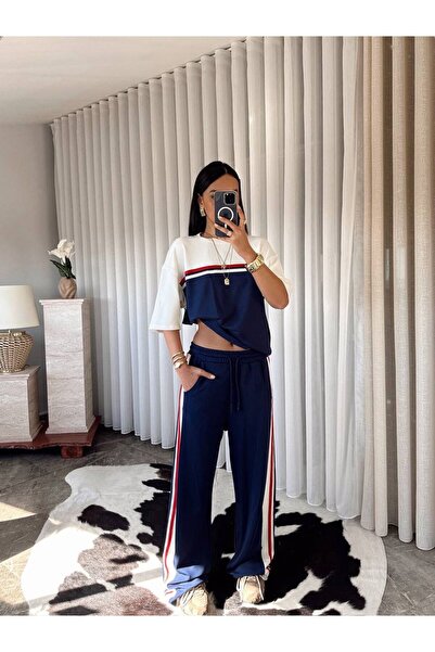 ALVOR Women's Stripe Detailed Oversize Top and Bottom Set - Two Thread Comfor...