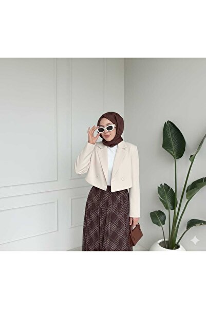 MİREL BUTİK Women's Double Breasted Crop Blazer Jacket