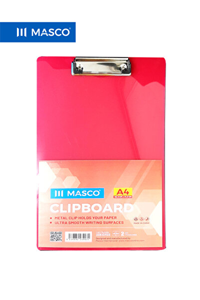 MASCO لوحة كتابة بلاستيكية A4 مزودة بمشبك معدني، سطح كتابة أملس، لون وردي